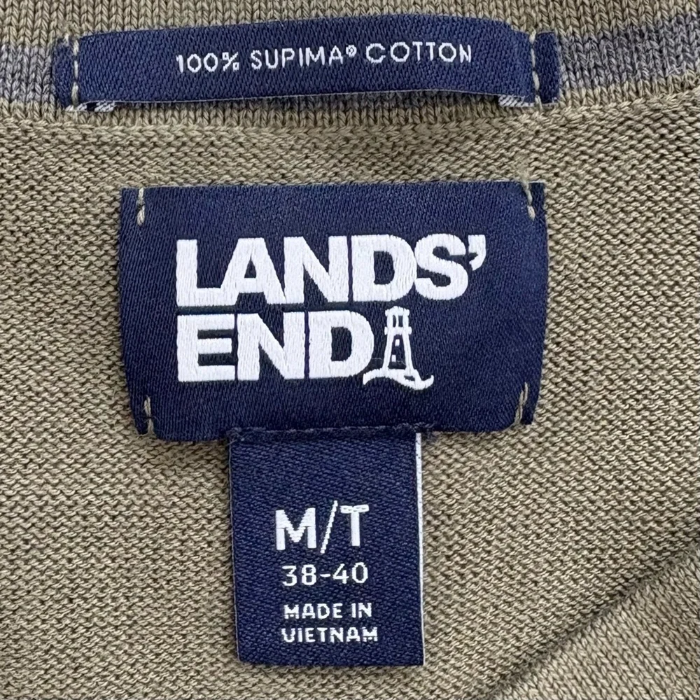 LANDS’ END Supima Cotton V Neck Sweater Olive Green Medium Tall Mens